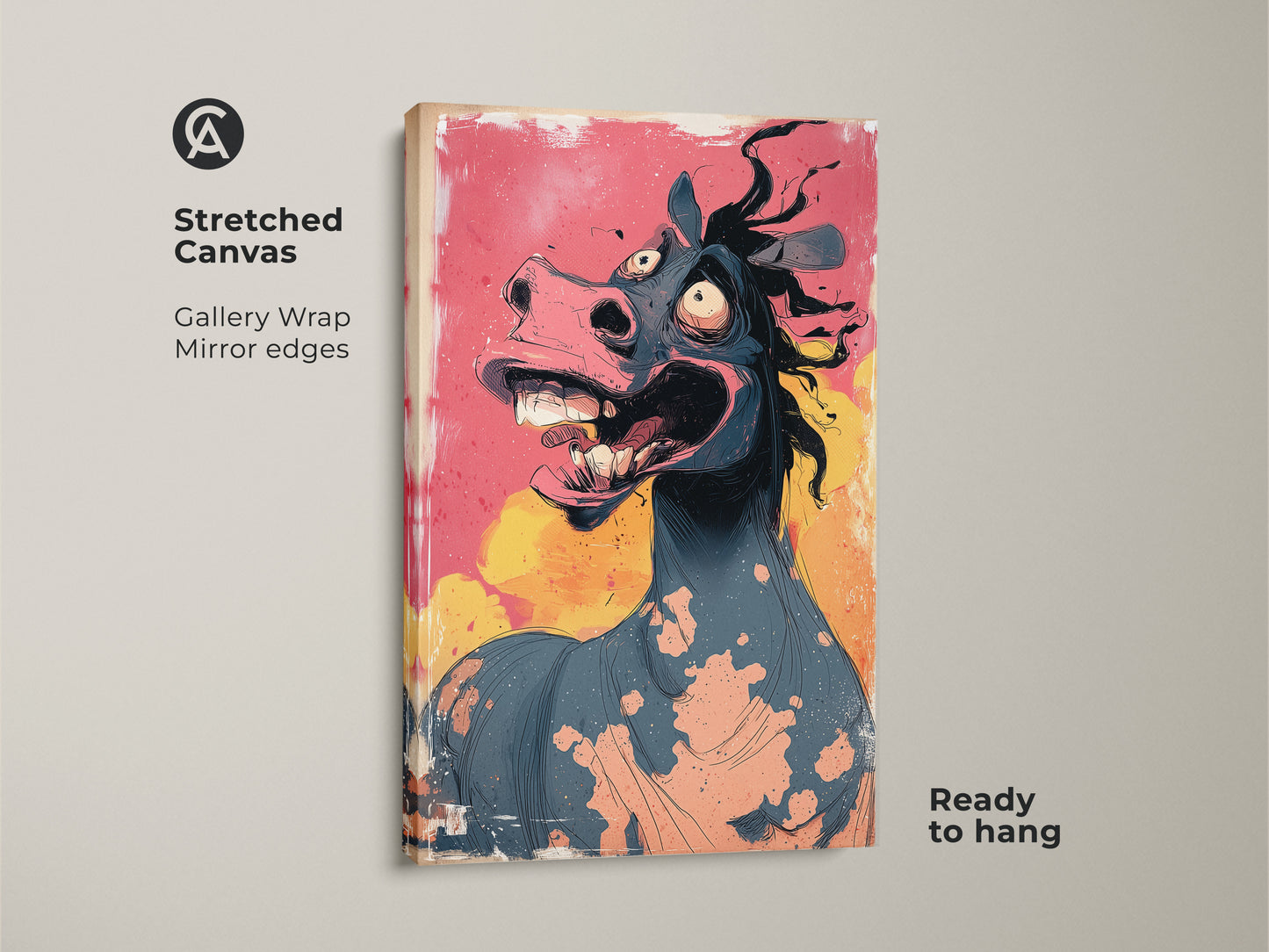 This stretched canvas showcases a cartoon horse artwork. The gallery wrap has mirror edges. The grotesque animal print is ready to hang. It adds color to any space. It is ideal for eclectic art lovers.