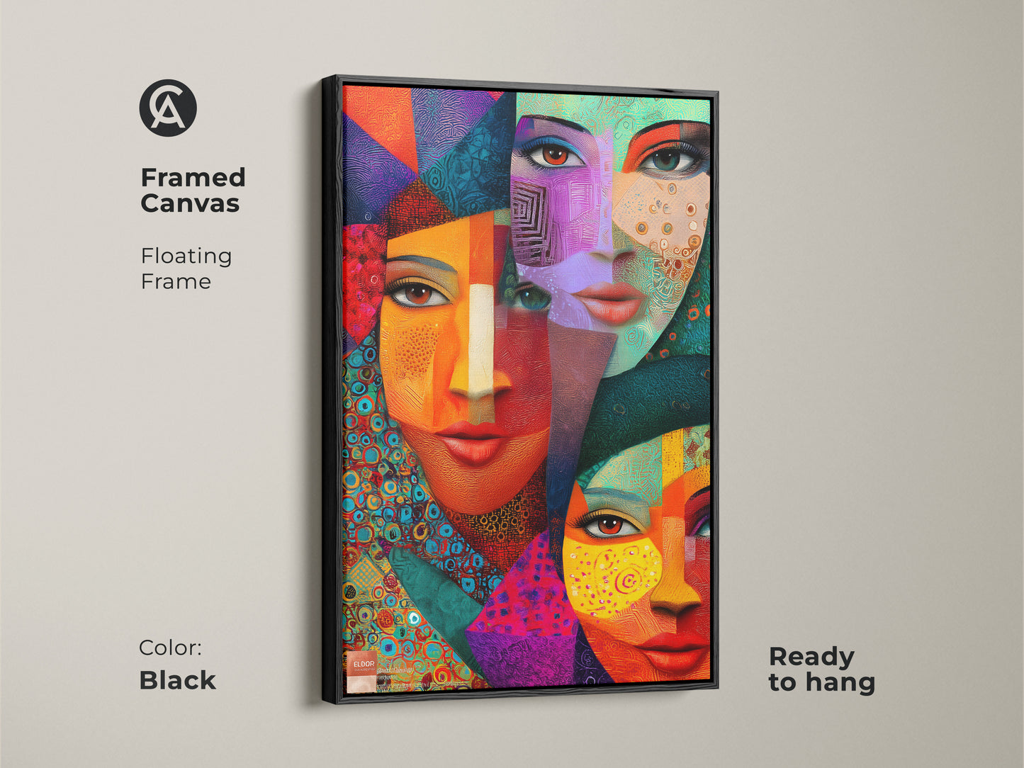 Framed canvas with geometric abstract faces art. The cubist portrait in teal orange and red features a floating black frame. Eclectic modern artwork that is ready to hang. Ideal for adding a contemporary touch to any room's wall decor.