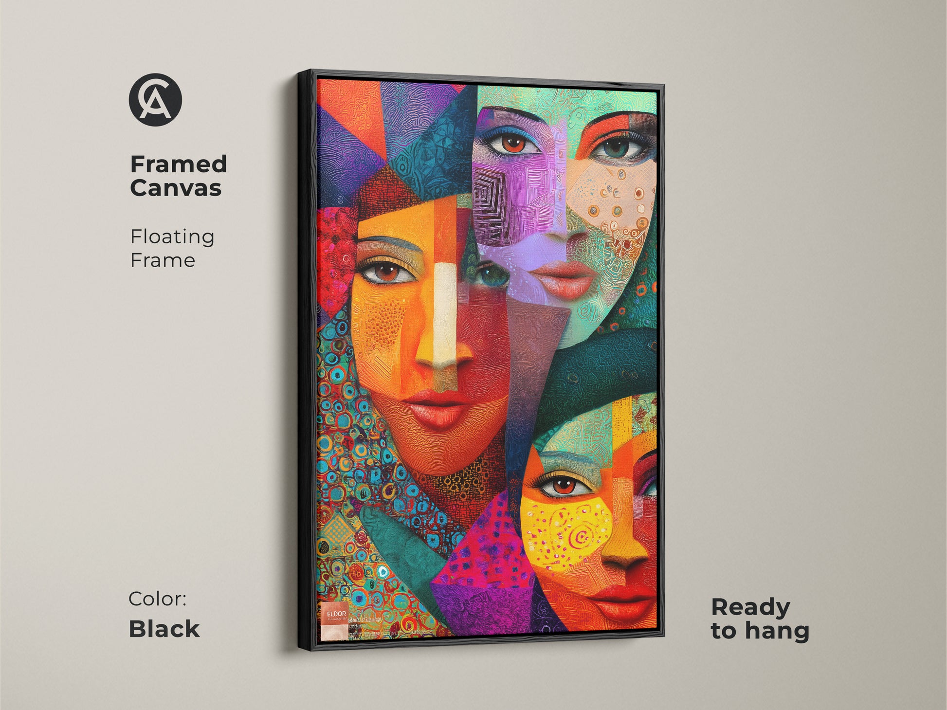 Framed canvas with geometric abstract faces art. The cubist portrait in teal orange and red features a floating black frame. Eclectic modern artwork that is ready to hang. Ideal for adding a contemporary touch to any room's wall decor.