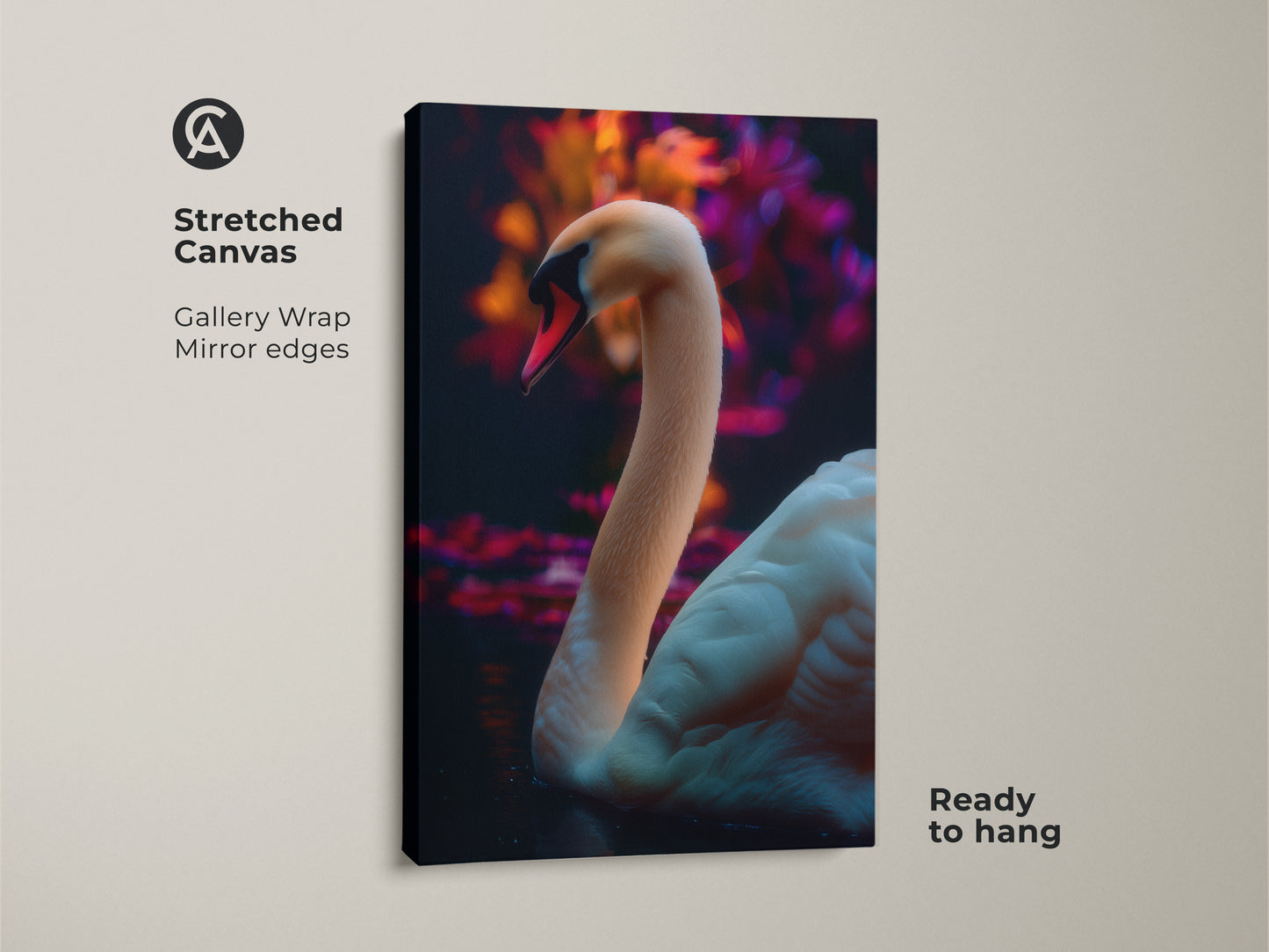 Stretched canvas featuring photorealistic swan artwork. A gallery wrapped wildlife art print with mirror edges. The pink and orange nature scene is ready to hang. Ideal contemporary art for animal lovers adding elegance to any room.