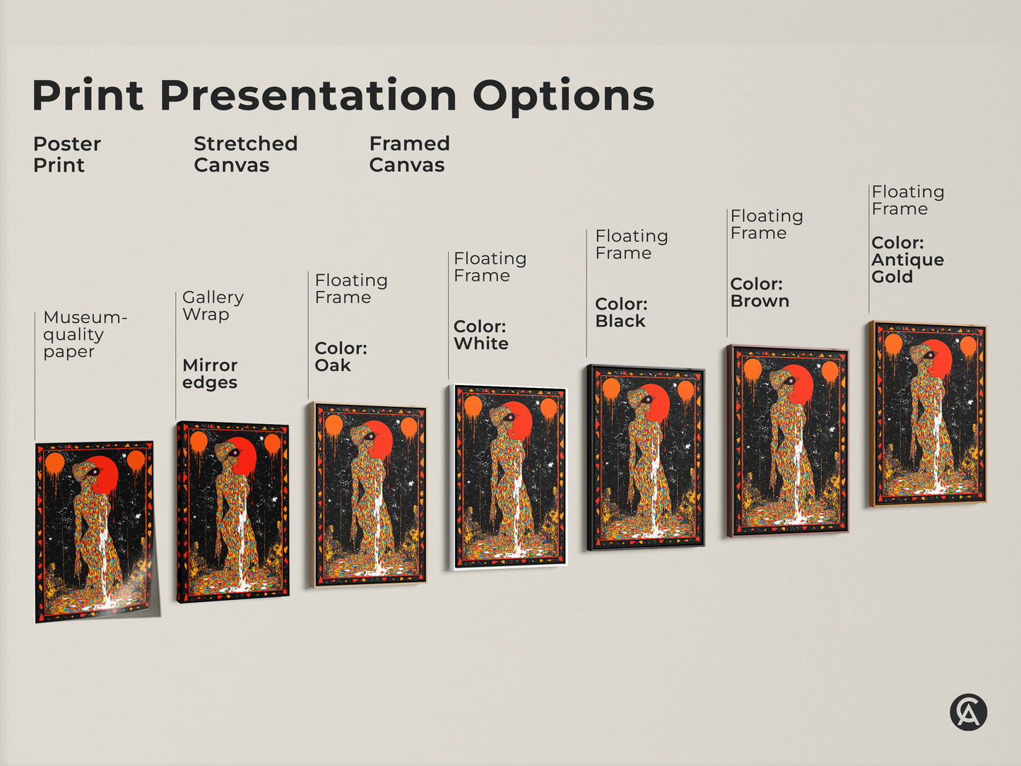 Explore print presentation options for psychedelic figure art. Choose from poster prints stretched canvas or framed canvas. Each piece is a multi-colored canvas with a surreal drip effect. Find the perfect art deco wall art to match your decor style. Vibrant and unique wall hanging art.