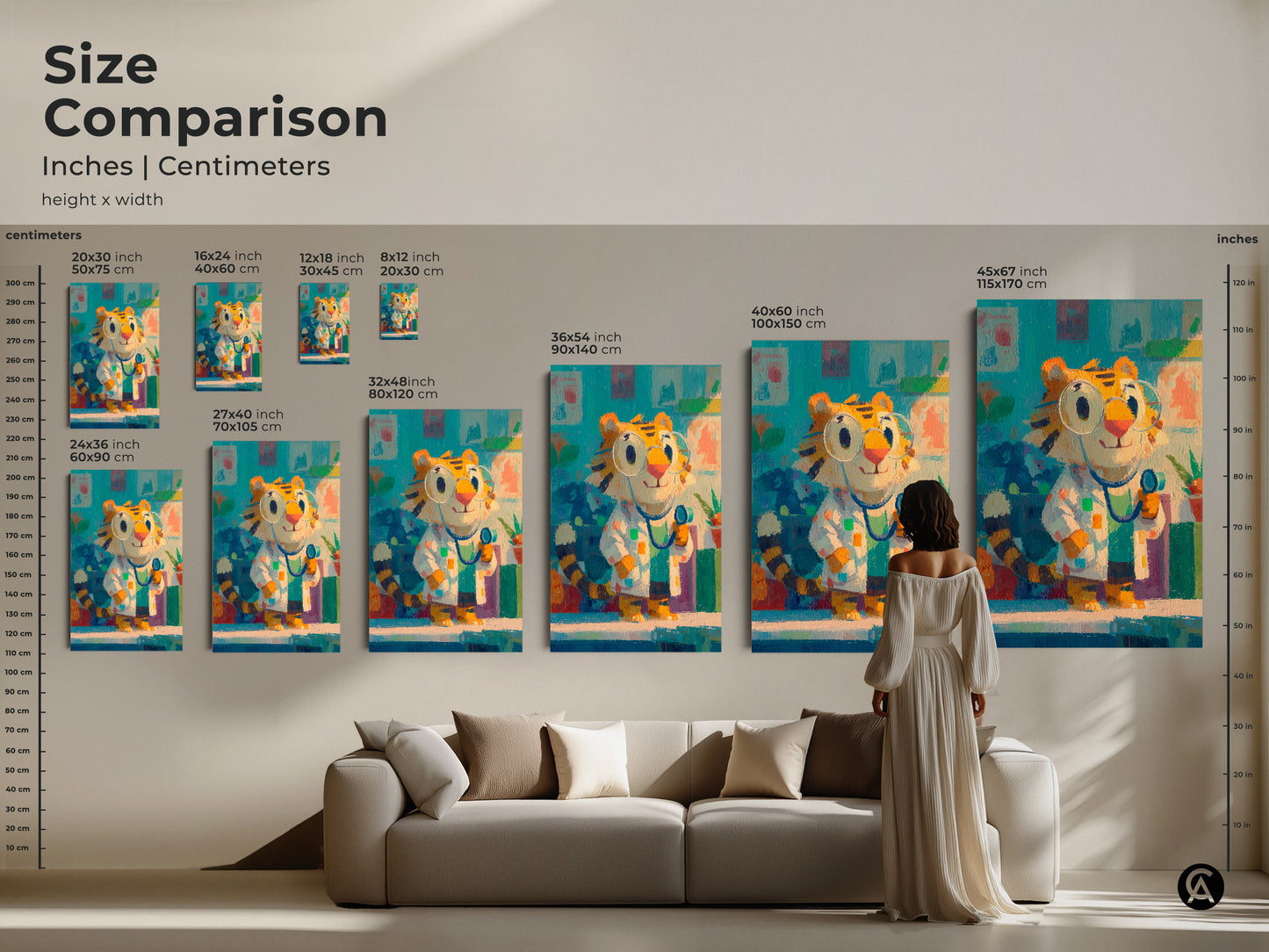 Size comparison of cartoon tiger doctor art in inches and centimeters. See how different sizes fit above a sofa. Visualize the impact of this artwork in your home. Select the ideal size for your wall decor.