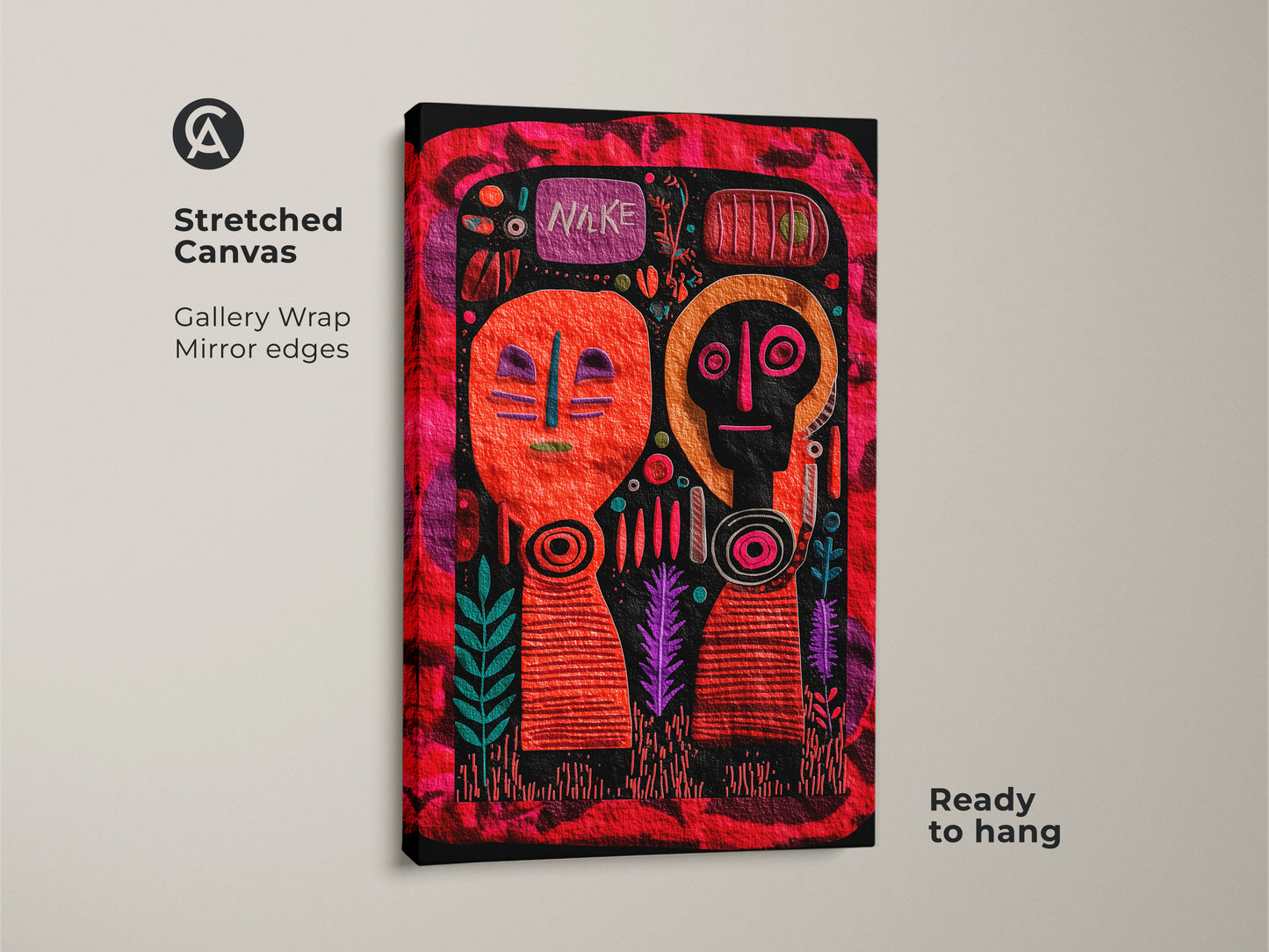 Stretched Canvas Folk Art Print with abstract faces and geometric shapes. Gallery wrapped with mirror edges ready to hang. The orange red and magenta palette adds a unique touch. Ideal for eclectic home decor. Naïve folk art enhances any space with its handmade style and tribal figurative elements.