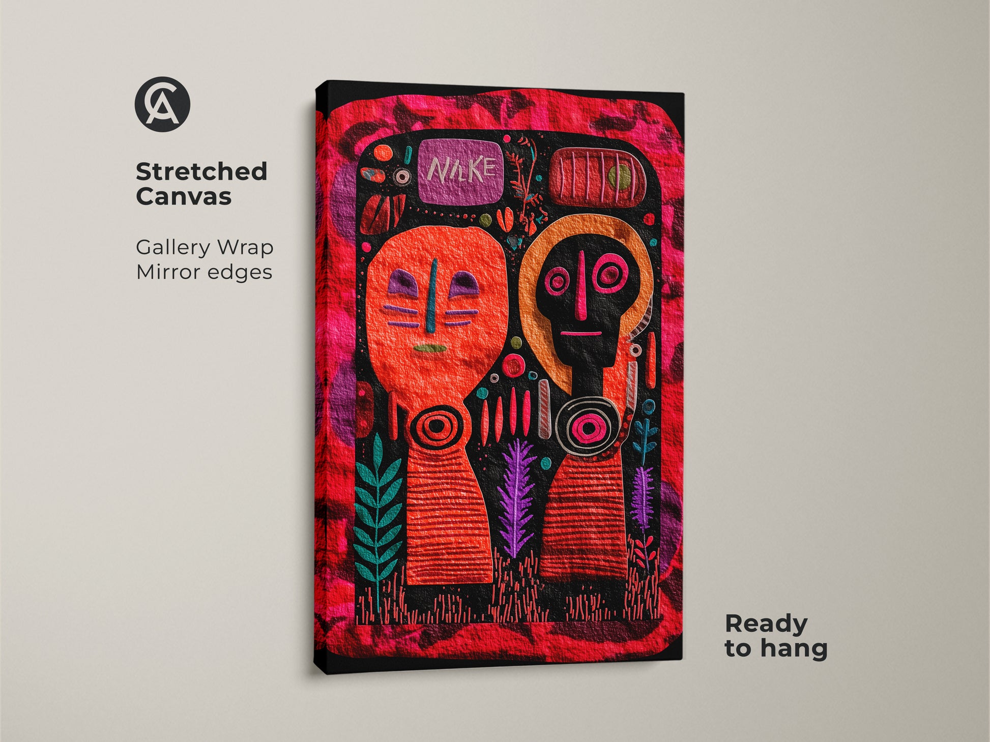Stretched Canvas Folk Art Print with abstract faces and geometric shapes. Gallery wrapped with mirror edges ready to hang. The orange red and magenta palette adds a unique touch. Ideal for eclectic home decor. Naïve folk art enhances any space with its handmade style and tribal figurative elements.