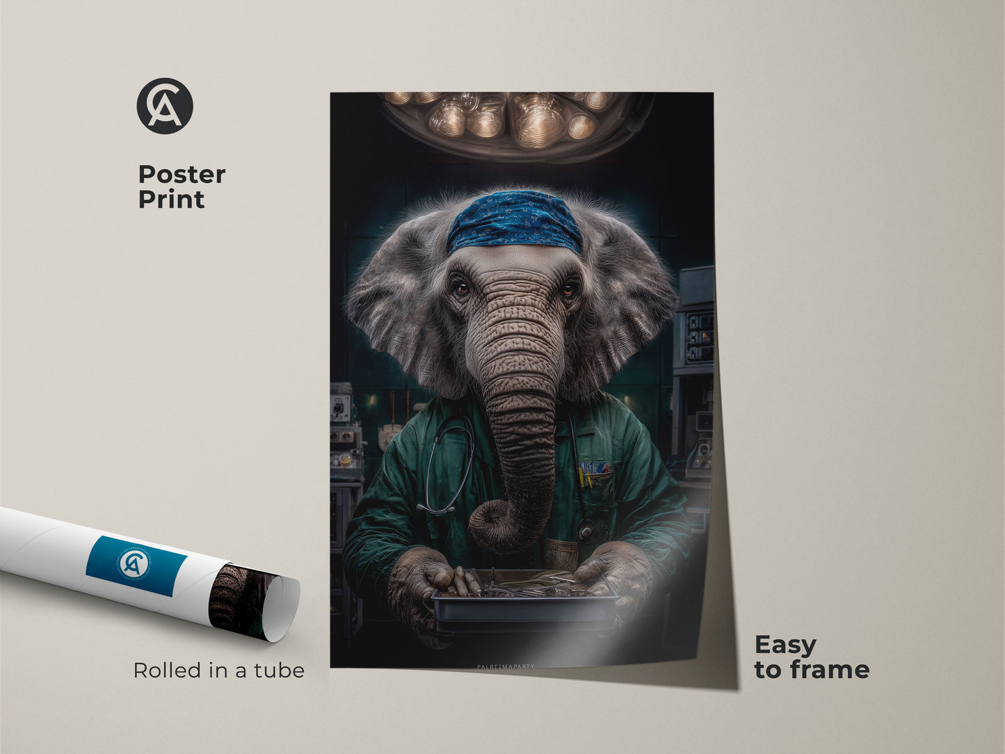 Poster print of a surreal elephant surgeon. This medical animal art is easy to frame. Rolled in a tube for protection. The elephant in scrubs is a unique doctor gift. Perfect as animal surgeon poster art.