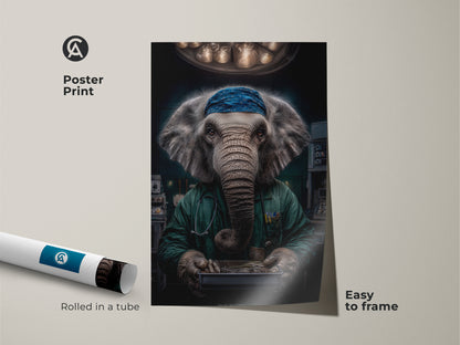 Poster print of a surreal elephant surgeon. This medical animal art is easy to frame. Rolled in a tube for protection. The elephant in scrubs is a unique doctor gift. Perfect as animal surgeon poster art.