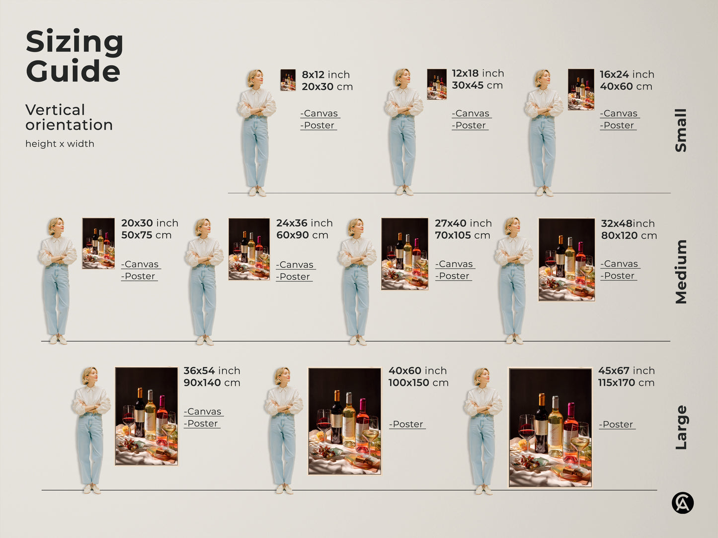 Sizing guide for wine still life wall art. Find the perfect fit with vertical orientation options. Choose canvas or poster prints in sizes from small to large. See how these photorealistic bottles and glasses enhance your space. Ideal for any dining room or home bar.