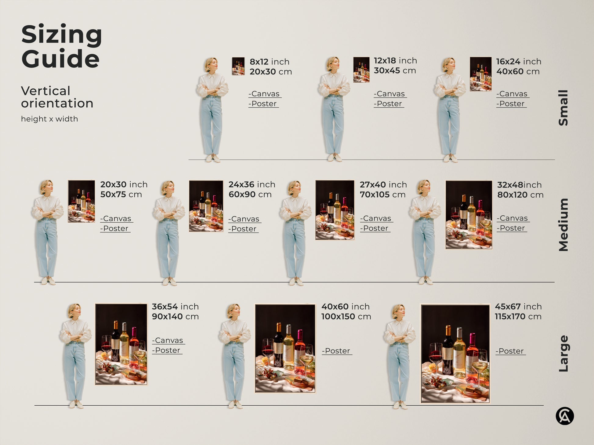 Sizing guide for wine still life wall art. Find the perfect fit with vertical orientation options. Choose canvas or poster prints in sizes from small to large. See how these photorealistic bottles and glasses enhance your space. Ideal for any dining room or home bar.