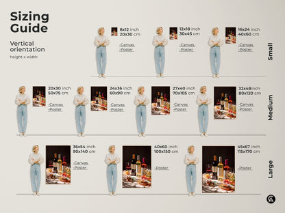 Sizing guide for wine still life wall art. Find the perfect fit with vertical orientation options. Choose canvas or poster prints in sizes from small to large. See how these photorealistic bottles and glasses enhance your space. Ideal for any dining room or home bar.