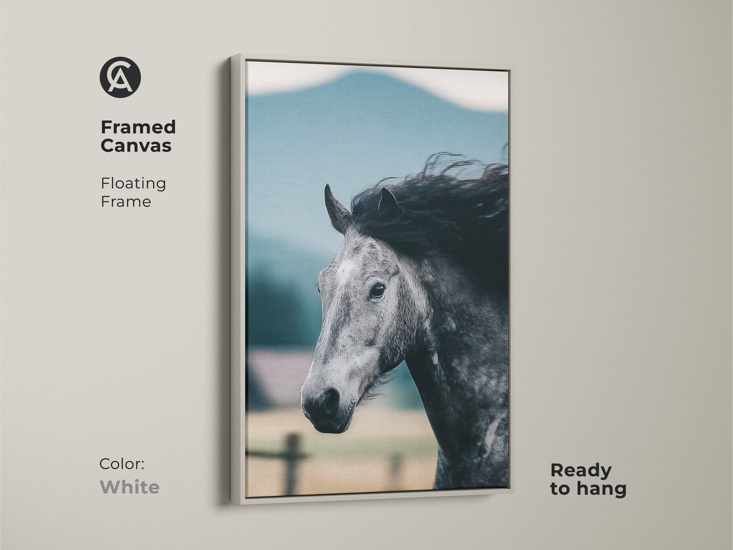 Framed in white this canvas of a monochrome horse is ready to hang. The floating frame enhances the rustic horse artwork. A unique gift for equestrians bringing equine elegance to any space.