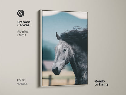Framed in white this canvas of a monochrome horse is ready to hang. The floating frame enhances the rustic horse artwork. A unique gift for equestrians bringing equine elegance to any space.