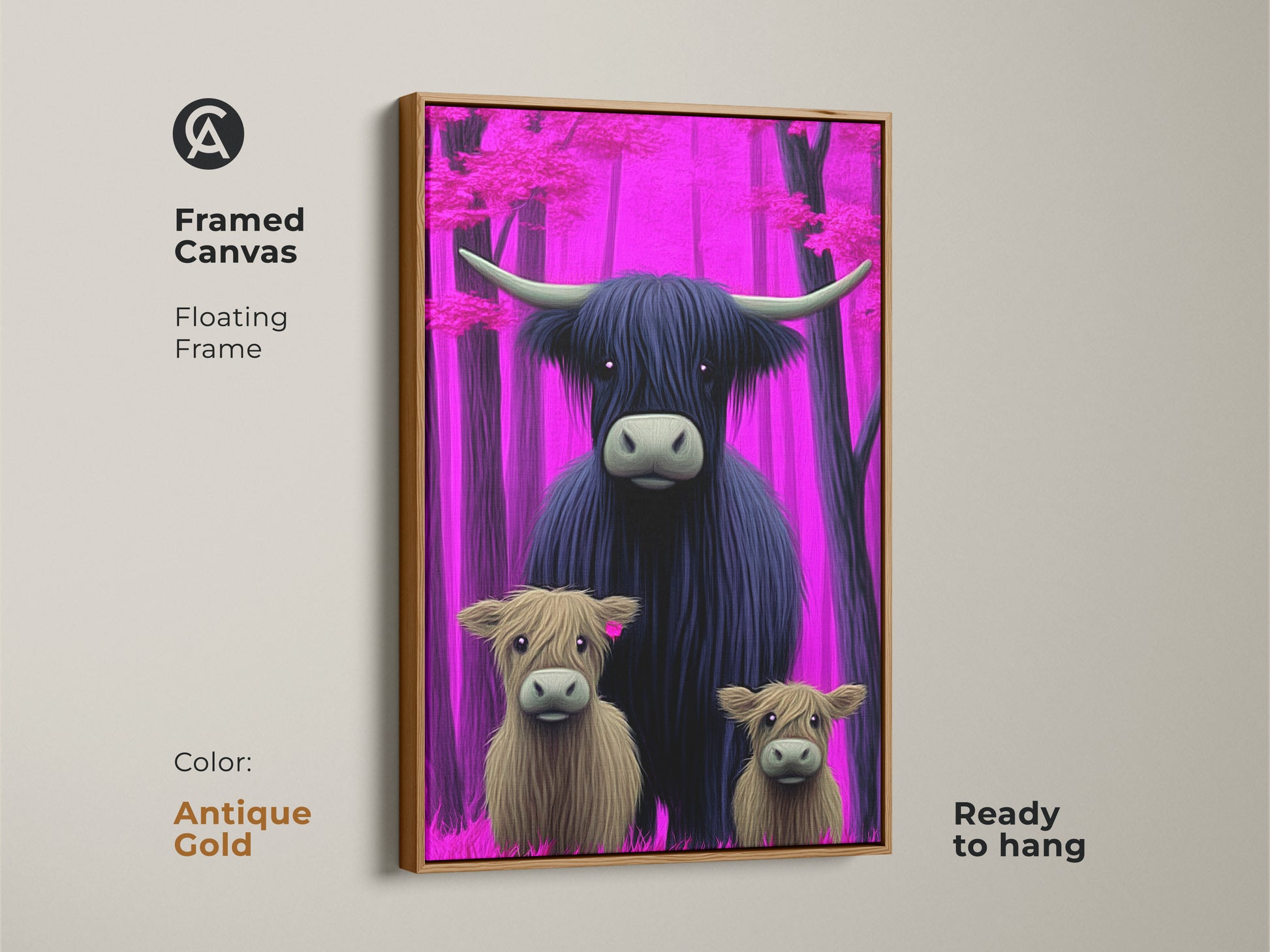Framed canvas art featuring a Highland Cow family in a pink purple forest with an antique gold floating frame. This fantasy animal art is ready to hang. A great eclectic home decor gift for those who love cows and unique artwork.