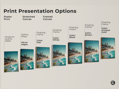 Explore our print presentation options. Choose from poster prints stretched canvas and framed canvas artwork. Each option showcases a beautiful beach scene with a surfer. Find the perfect style to complement your home decor with our museum-quality art.