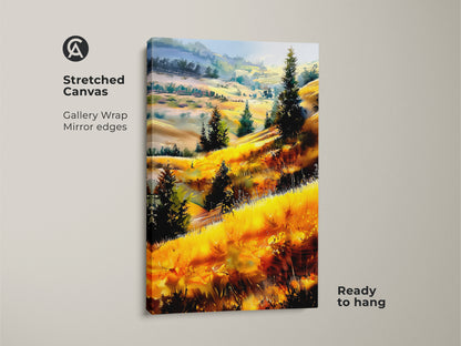 Impressionistic landscape wall art on stretched canvas. Golden hills canvas print showcasing rustic nature artwork. This trees and hills art is ready to hang for easy living room wall decor.