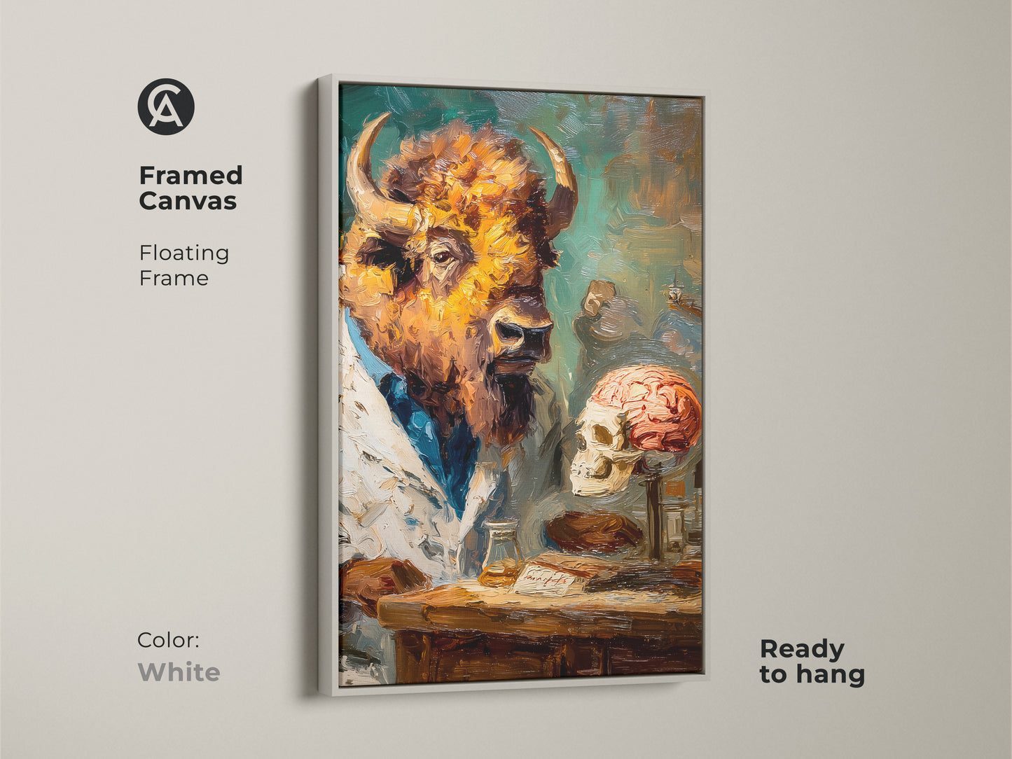 A captivating artwork shows a bison head scientist wearing a lab coat. The animal is placed next to a human skull with a brain. It is an oil painting style framed canvas in white. The artwork has a floating frame and is ready to hang.