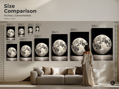 Size comparison of abstract moon artwork in inches and centimeters. See how the canvas and poster prints will look in your living space. Perfect for modern bedroom art or as a stargazing gift.