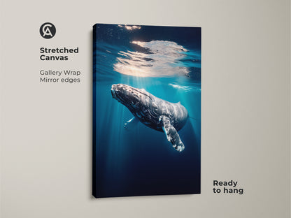 Stretched canvas art of a humpback whale in the ocean. This gallery-wrapped underwater wildlife art has mirror edges. The deep blue wall decor is ready to hang. Perfect as coastal bedroom art or for ocean lovers. The realistic ocean print captures the beauty of a whale swimming.