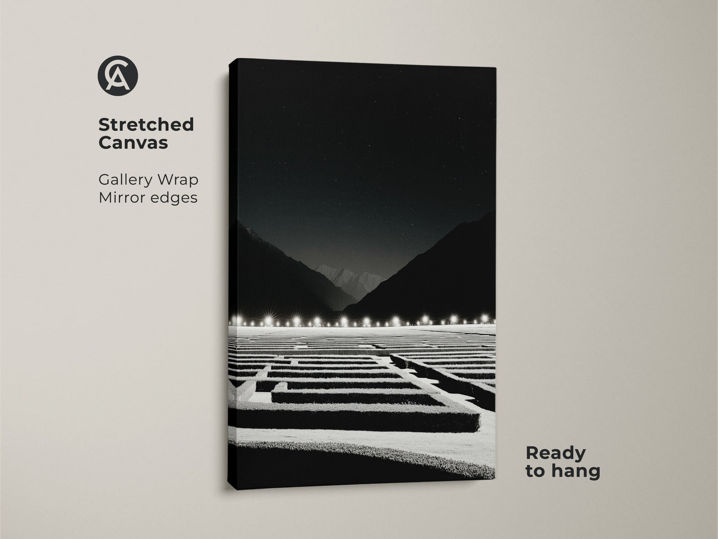 Stretched canvas minimalist maze art featuring a black and white night sky landscape. Ready to hang; this modern wall art brings a contemplative mood. Ideal office strategy gift and wall decor.