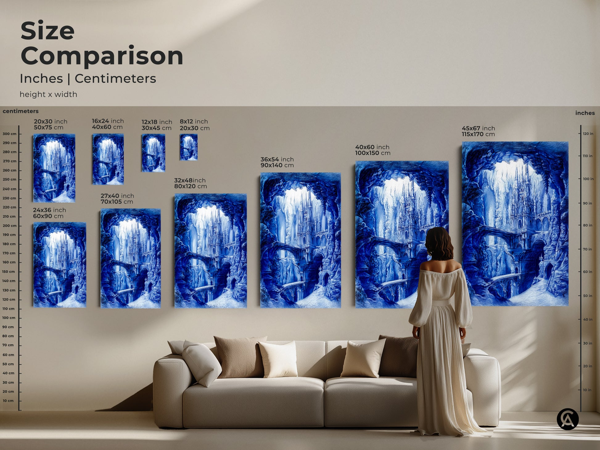 Size comparison of blue monochrome castle artwork in inches and centimeters. Various sizes are displayed to help visualize the art's impact. Perfect for planning your wall decor with this captivating fantasy scene.