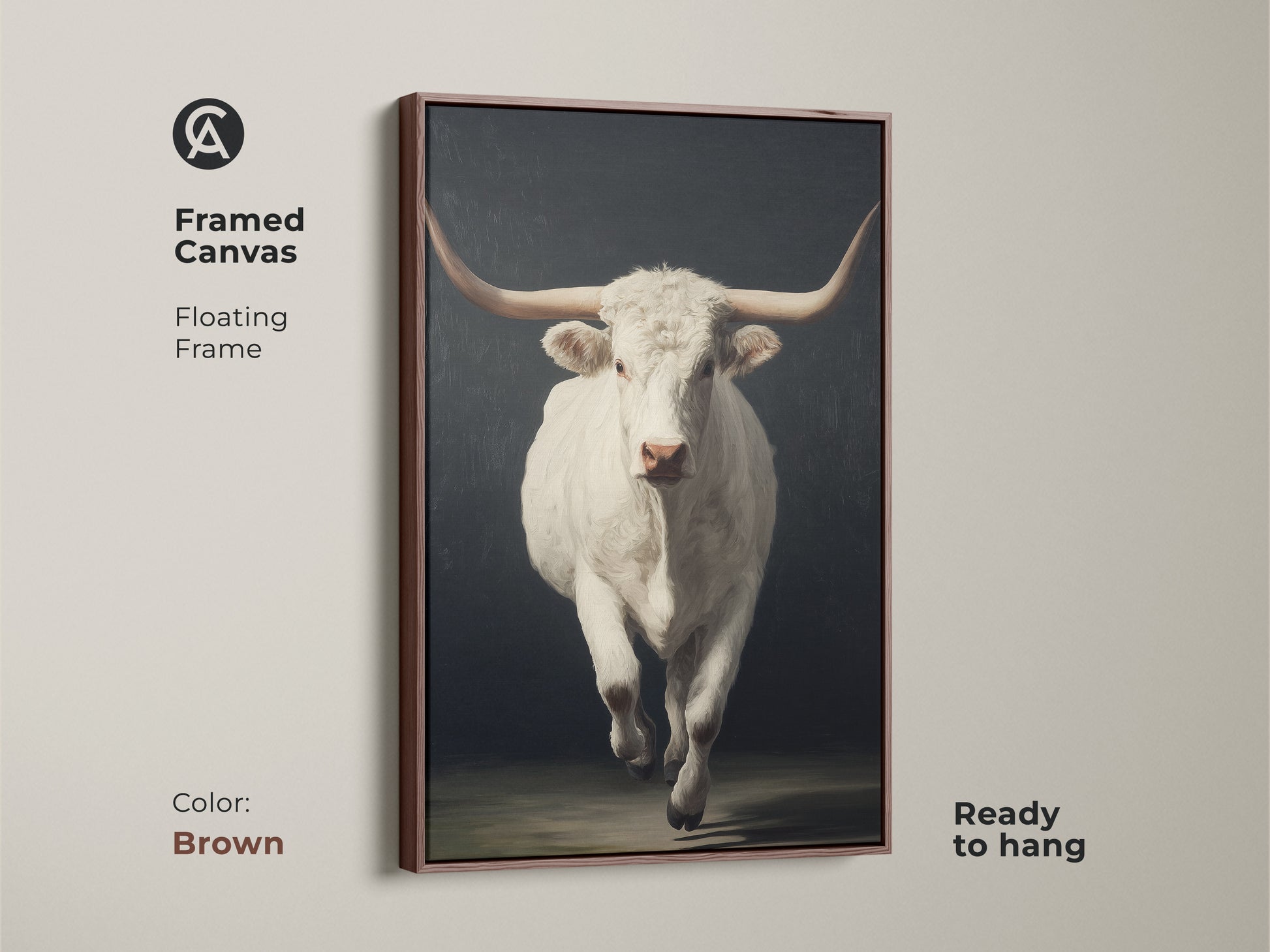 Framed canvas view of the realistic white longhorn canvas art. The floating frame is brown. The farmhouse cattle print comes ready to hang. This rustic animal home decor is great modern farmhouse wall art.