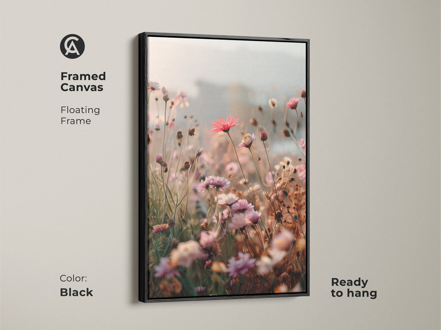 Framed Canvas in black with a floating frame showcasing Soft Focus Floral Art Print. This coral pink daisy and cosmos botanical wall art adds boho blush pink to any room. Ready to hang and makes a great housewarming gift.