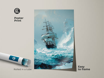 A rolled poster print displays a tall ship in an iceberg-filled ocean. This nautical adventure artwork is easy to frame. Its deep teal and arctic blue tones capture maritime exploration. Perfect gift for a sailor adventurer.