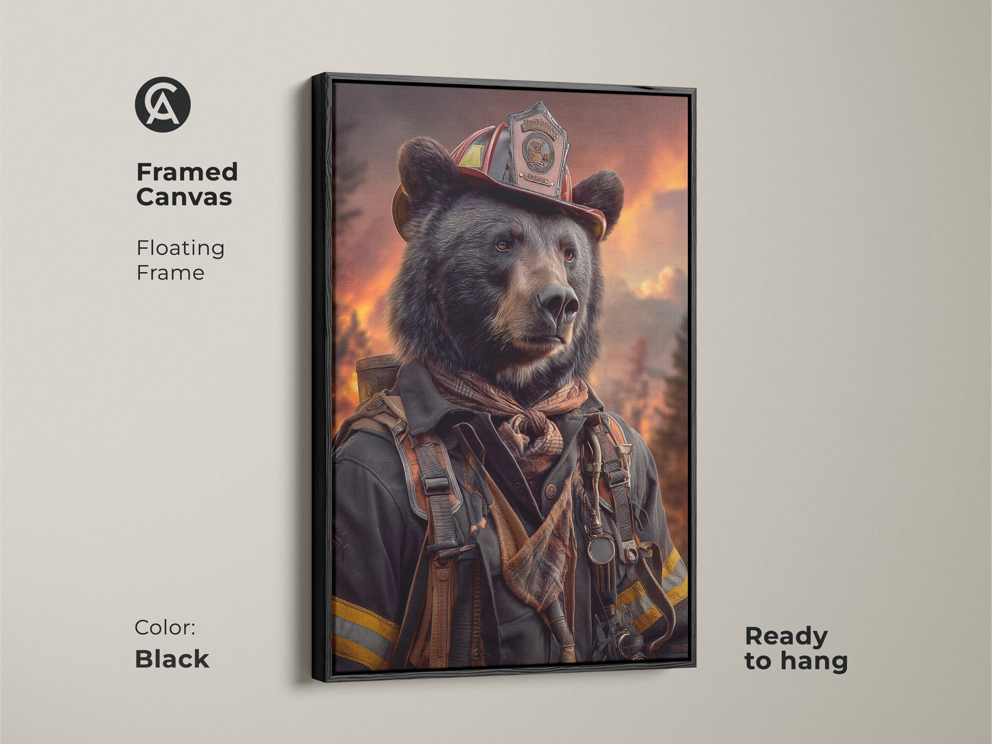 Framed canvas art of a bear dressed as a firefighter with a black floating frame ready to hang. Perfect office heroic artwork. This animal fantasy art print offers an eclectic home style.