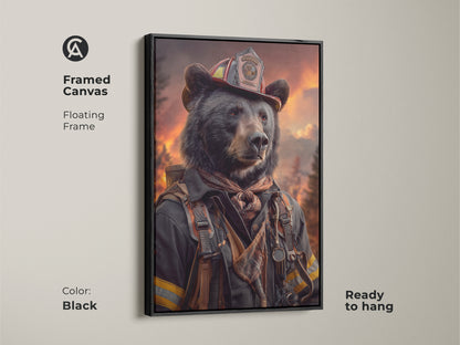 Framed canvas art of a bear dressed as a firefighter with a black floating frame ready to hang. Perfect office heroic artwork. This animal fantasy art print offers an eclectic home style.