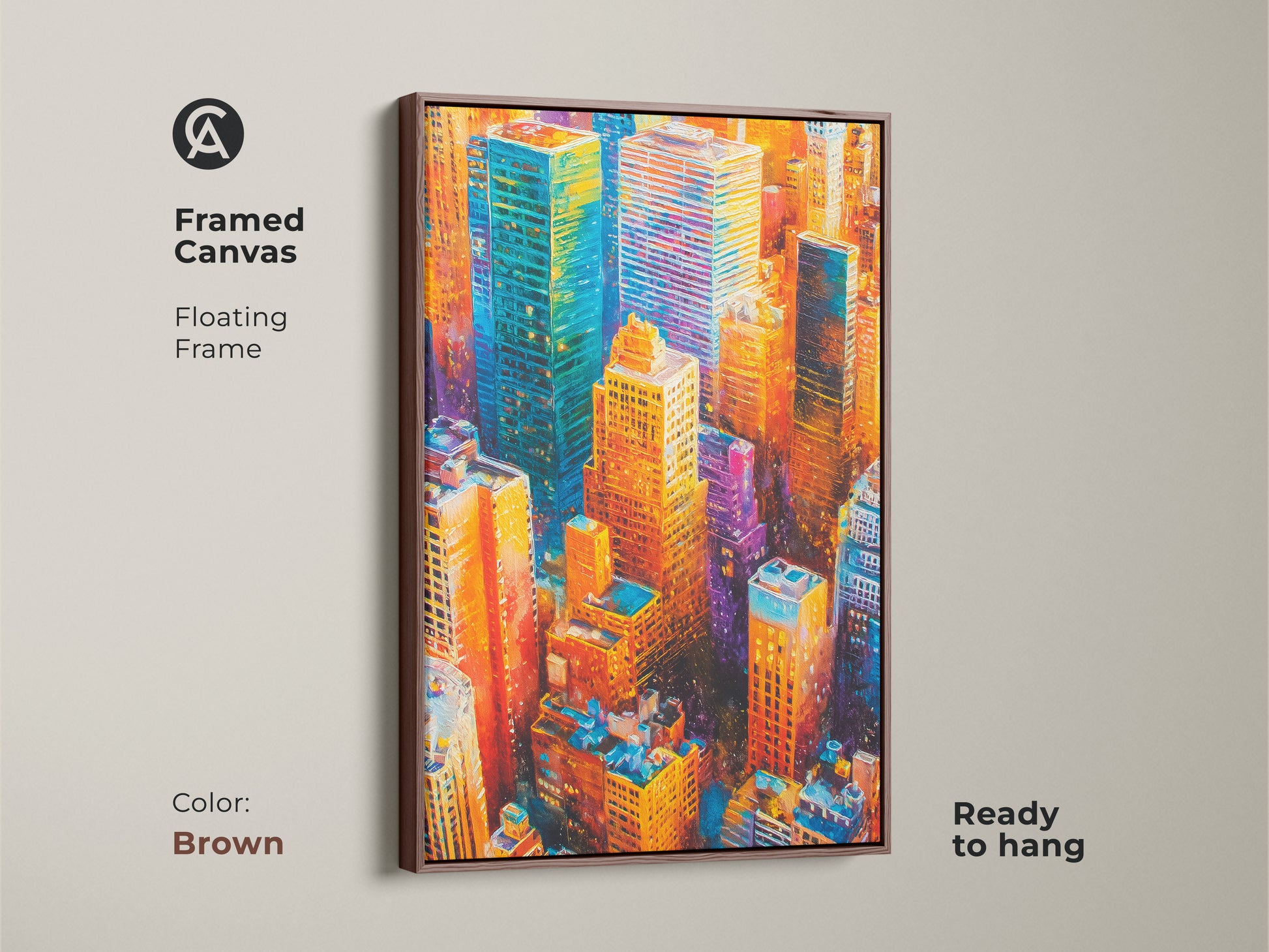 Framed canvas featuring cityscape artwork with an antique gold floating frame. This stunning piece showcases vibrant skyscrapers in blues oranges and yellows. Ready to hang. The gold frame adds a touch of luxury. This urban art captures the energy of a metropolis. Perfect for adding color to any space