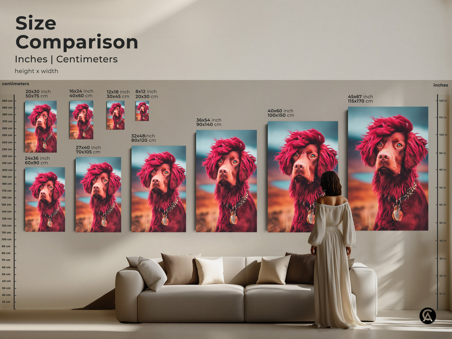 Size comparison for the eclectic dog art print. Available sizes in inches and centimeters. Artwork features a brown dog with red hair and a chunky chain necklace. Great for home or office and it makes a great artistic dog gift.