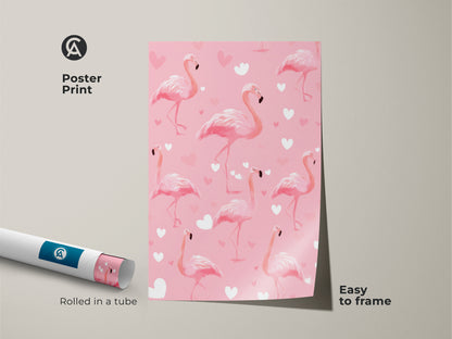 Poster print showcases adorable pink flamingo artwork. It features a heart pattern and tropical birds. This easy-to-frame print adds a boho touch to any space. Rolled in a tube for protection during shipping.