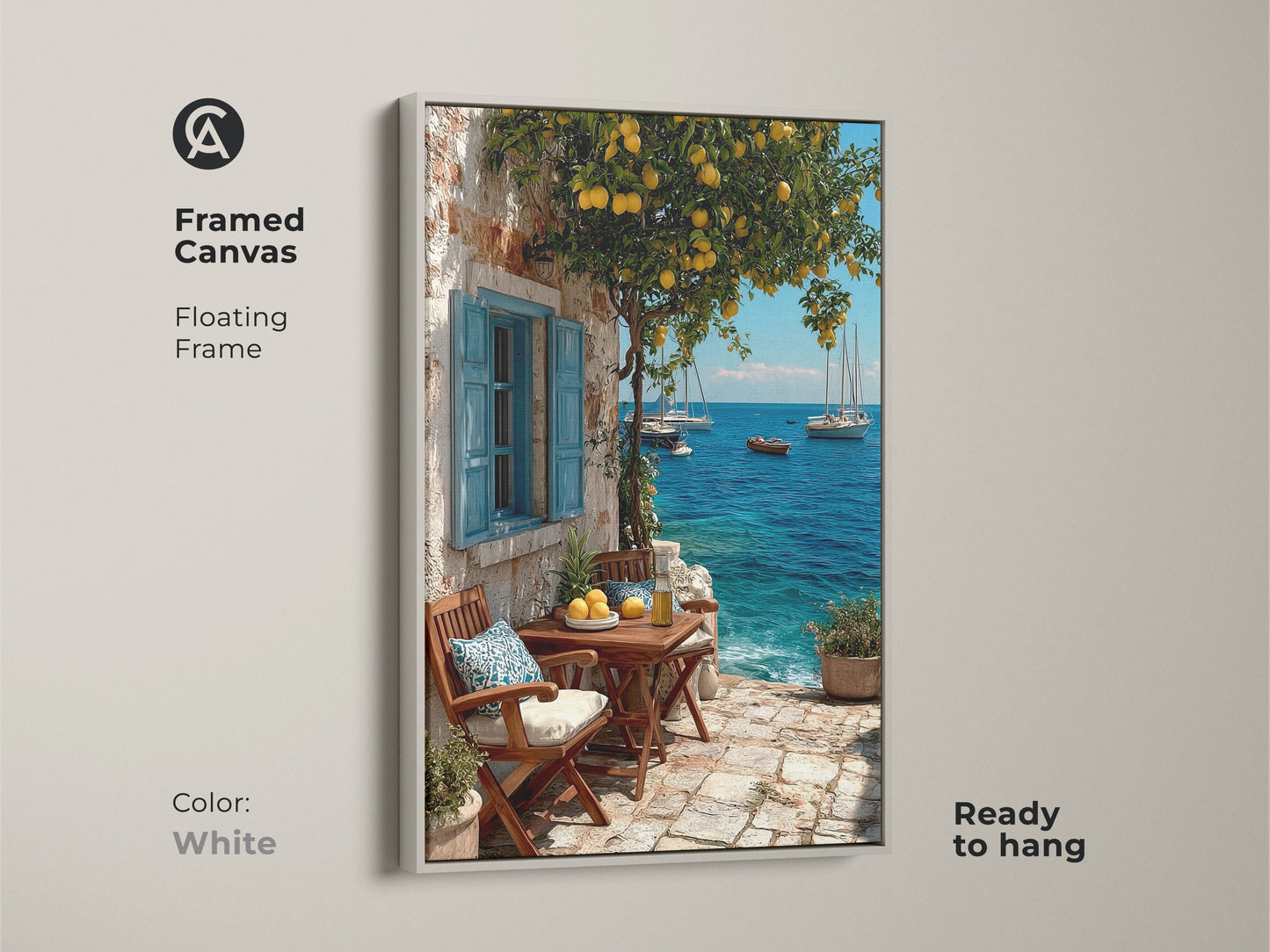 Coastal lemon tree art in a white floating frame. This canvas art features a mediterranean sailboat view on azure ocean. Add a breezy seaside print to your space. Perfect art print for a coastal kitchen. A sunny and charming piece ideal for beach house decor or a housewarming gift.