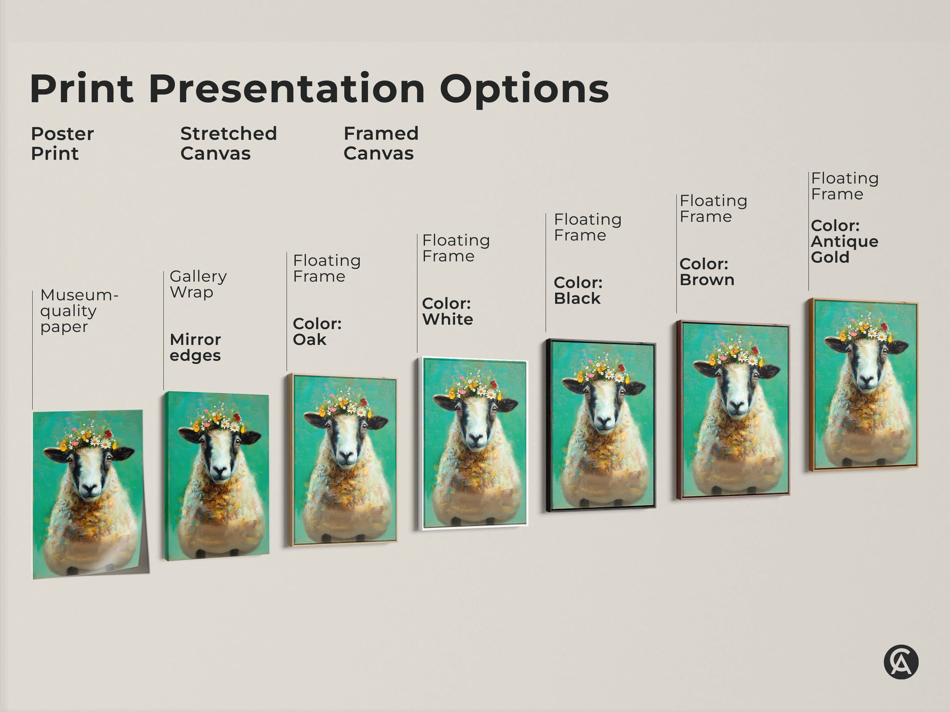 Explore print presentation options for our floral crown sheep art. Choose from poster prints stretched canvas and framed canvas. Find the perfect style to match your decor whether museum-quality paper gallery wrap or floating frame. Enhance your space with this unique animal artwork.