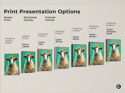 Explore print presentation options for our floral crown sheep art. Choose from poster prints stretched canvas and framed canvas. Find the perfect style to match your decor whether museum-quality paper gallery wrap or floating frame. Enhance your space with this unique animal artwork.