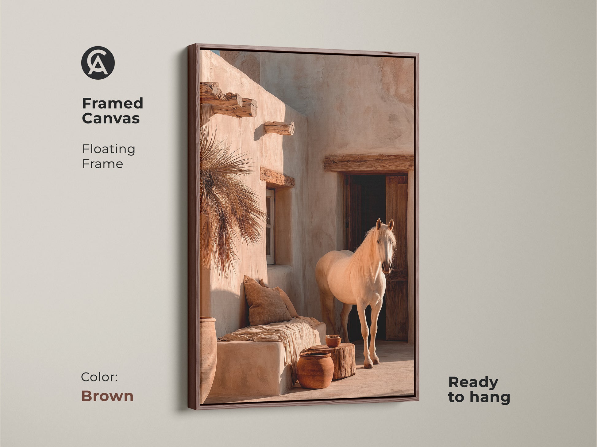 Framed canvas showcasing a white horse artwork with a brown floating frame. This desert landscape print brings warm earth tones to your home. Perfect as boho wall art for a serene bedroom. Ready to hang. It's a thoughtful housewarming gift for her.
