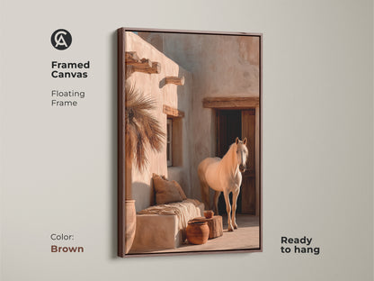 Framed canvas showcasing a white horse artwork with a brown floating frame. This desert landscape print brings warm earth tones to your home. Perfect as boho wall art for a serene bedroom. Ready to hang. It's a thoughtful housewarming gift for her.
