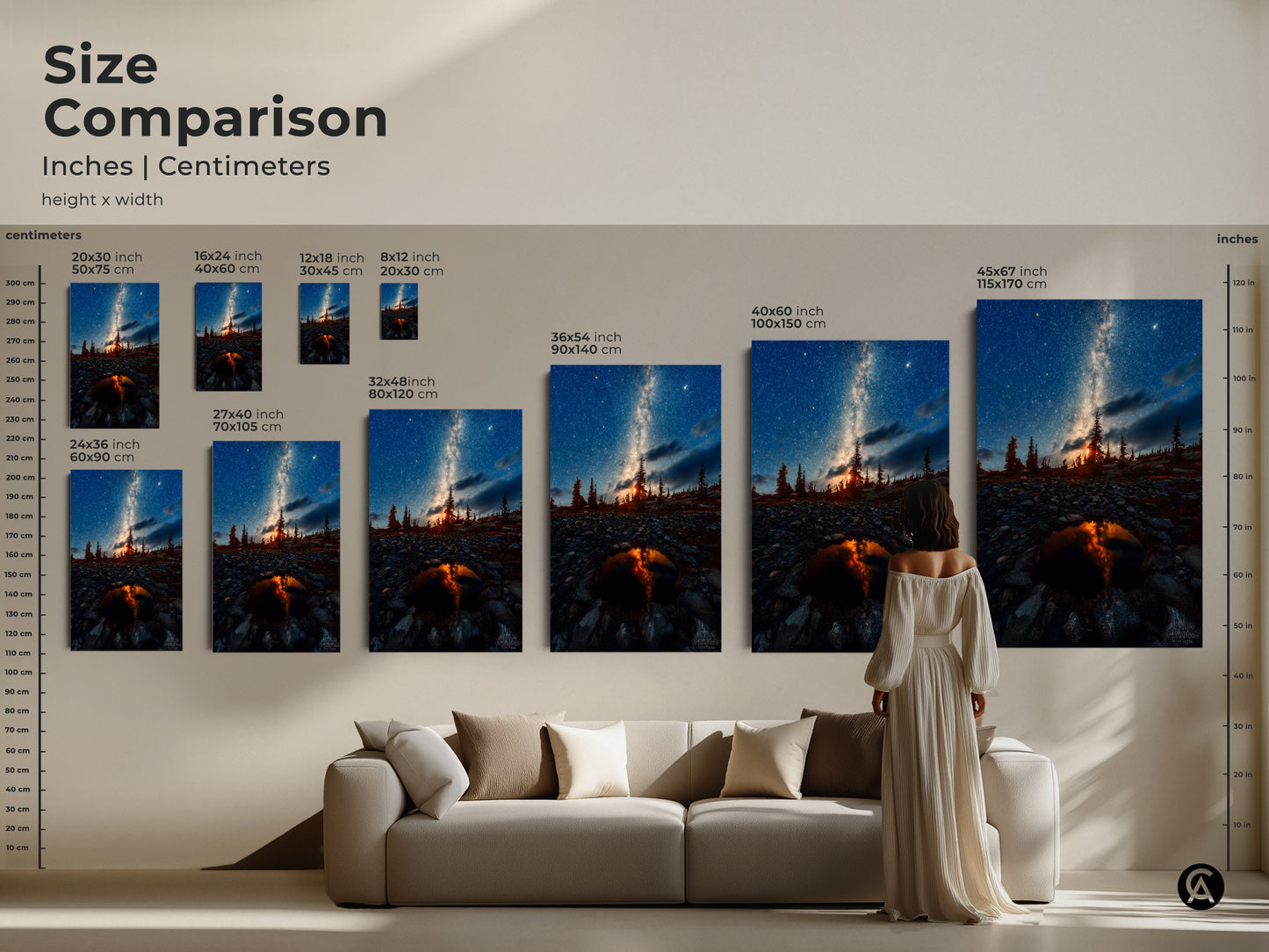 Size comparison showcasing Milky Way canvas prints and posters in inches and centimeters. Perfect for visualizing artwork size in your living room. See the scale with a model on a sofa. Find the ideal fit for your space from 8x12 inch to 45x67 inch options. Shop now for astronomy art.