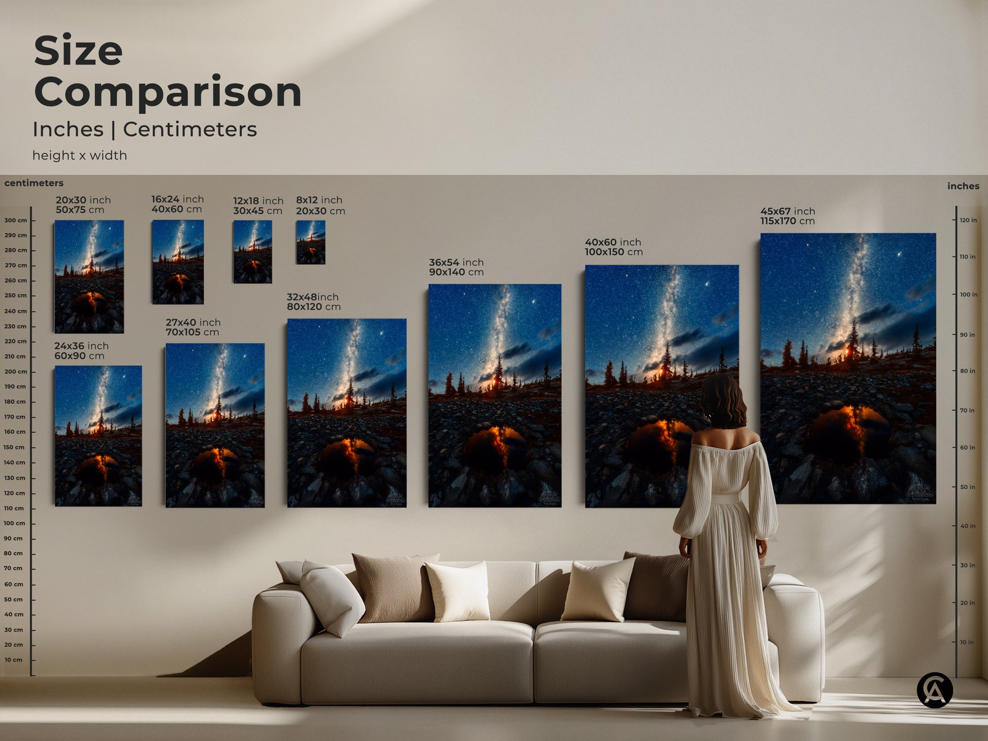 Size comparison showcasing Milky Way canvas prints and posters in inches and centimeters. Perfect for visualizing artwork size in your living room. See the scale with a model on a sofa. Find the ideal fit for your space from 8x12 inch to 45x67 inch options. Shop now for astronomy art.