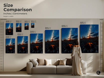 Size comparison showcasing Milky Way canvas prints and posters in inches and centimeters. Perfect for visualizing artwork size in your living room. See the scale with a model on a sofa. Find the ideal fit for your space from 8x12 inch to 45x67 inch options. Shop now for astronomy art.