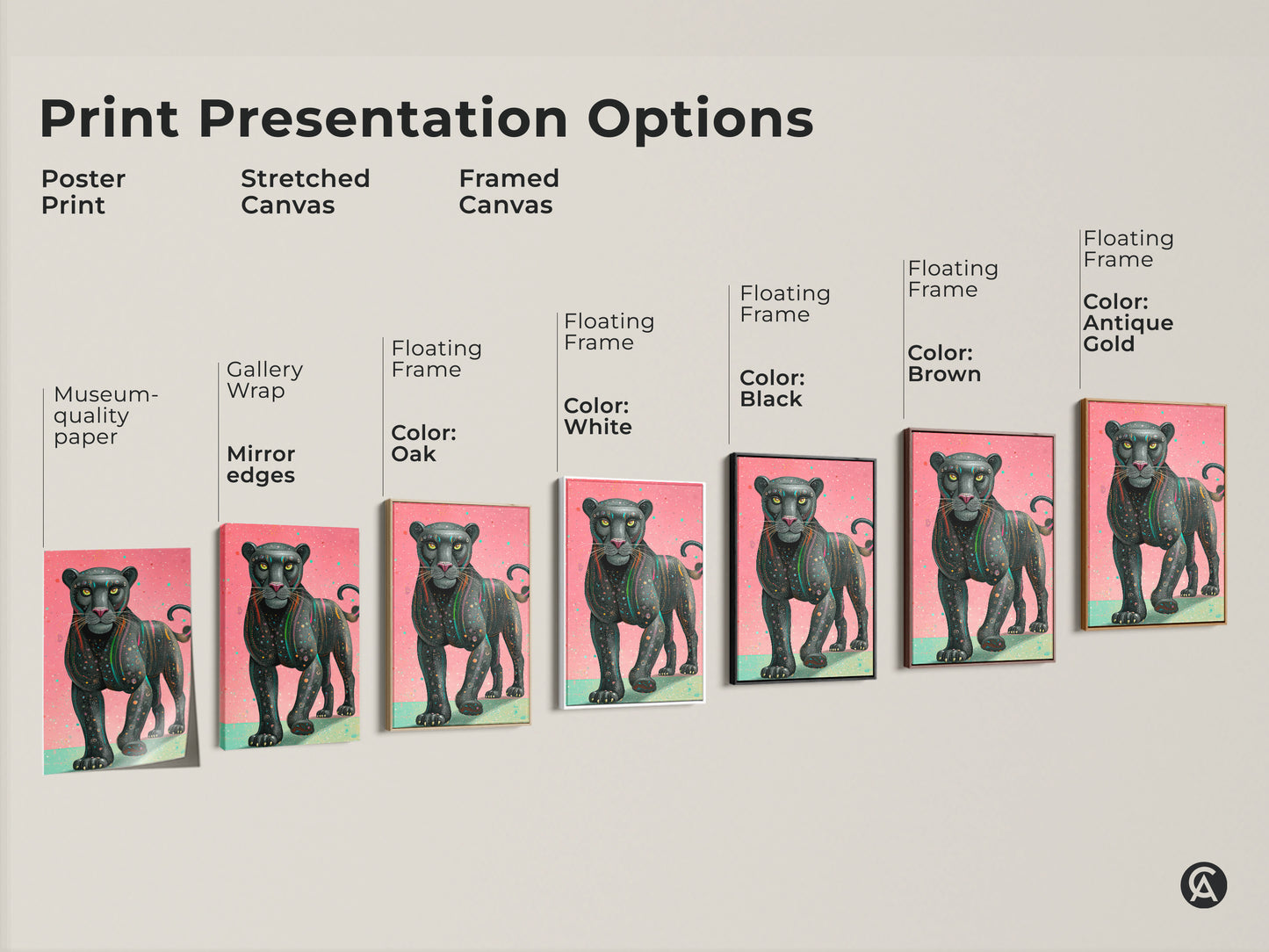 Explore print presentation options like posters stretched canvas and framed canvas featuring the pink teal geometric panther art. Choose from gallery wrap museum-quality paper and floating frames. Select frame colors such as black brown white oak and antique gold. This contemporary wildlife art suits any eclectic home decor style.