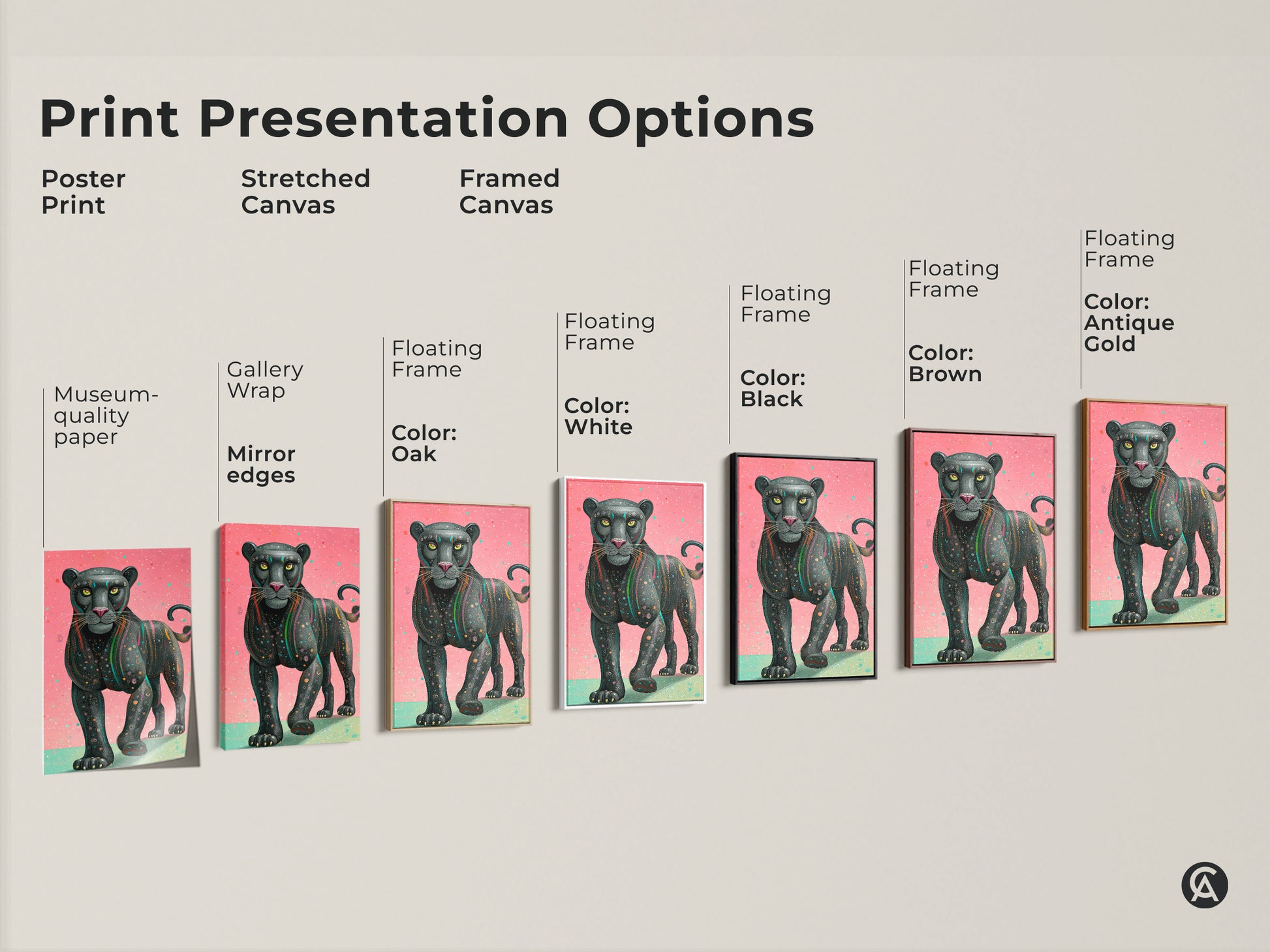 Explore print presentation options like posters stretched canvas and framed canvas featuring the pink teal geometric panther art. Choose from gallery wrap museum-quality paper and floating frames. Select frame colors such as black brown white oak and antique gold. This contemporary wildlife art suits any eclectic home decor style.