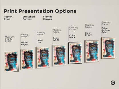 Explore print presentation options. See Basquiat-inspired artwork in poster print stretched canvas and framed canvas. Floating frames are available in oak white black brown and antique gold. Choose the perfect style for your space. Shop now for museum-quality art prints.