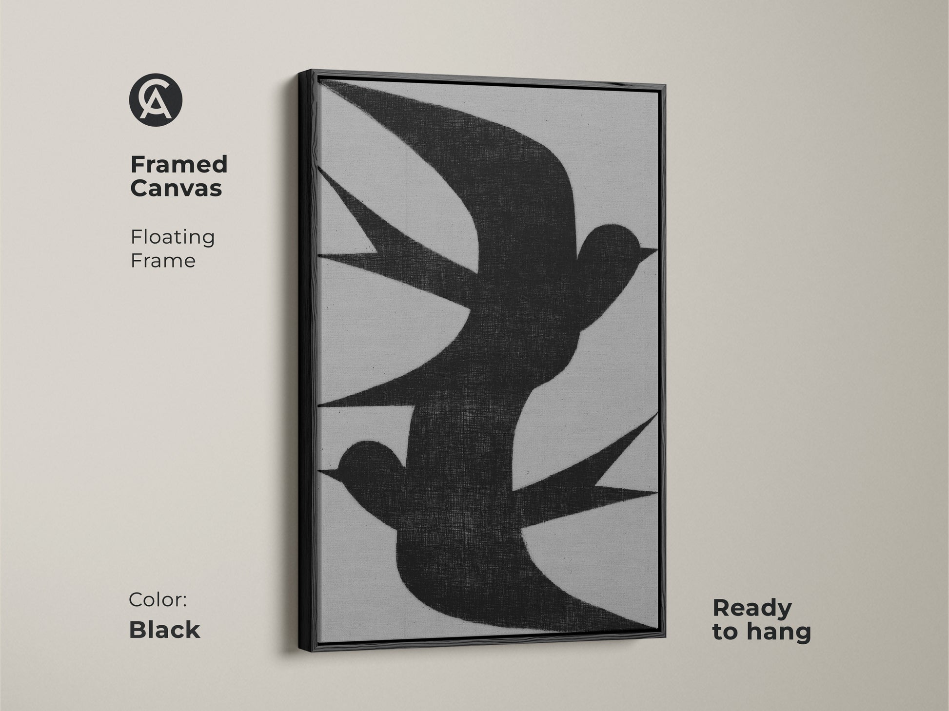 Framed canvas of minimalist wall art featuring an abstract black swallow flock. The floating frame color is black. This modern grey nature decor is ready to hang. This is perfect as bedroom wall art or a housewarming gift canvas for minimalist homes.