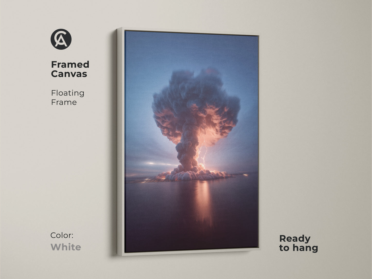 Framed canvas print of a Volcano Explosion Thunderstorm in a white floating frame ready to hang. The surreal nature and weather event make this piece a unique explosion print for office decor. It captures deep blue crimson and orange tones.