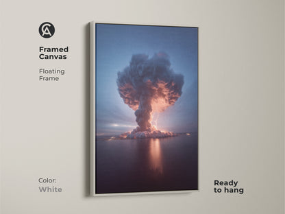 Framed canvas print of a Volcano Explosion Thunderstorm in a white floating frame ready to hang. The surreal nature and weather event make this piece a unique explosion print for office decor. It captures deep blue crimson and orange tones.
