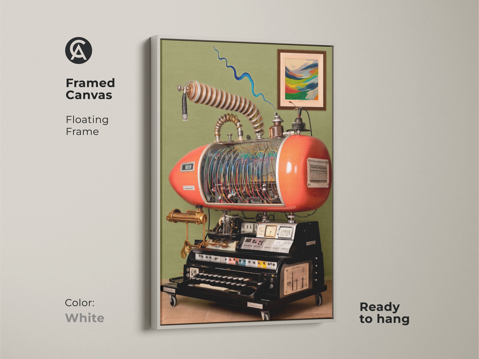 Framed canvas with a floating frame in white showcasing steampunk invention wall art. The retrofuturism machine canvas is ready to hang. Features abstract mechanical art and is ideal for industrial gears artwork print.