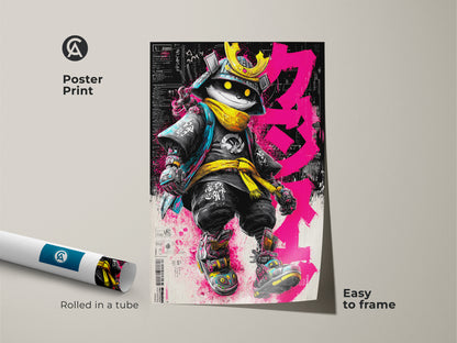 Poster Print of Samurai Cat artwork. The artwork features a cat dressed as a samurai warrior. The cat wears a golden helmet and yellow scarf. The poster is easy to frame. The print is rolled in a tube for protection. Add a touch of whimsy and warrior spirit to your space.