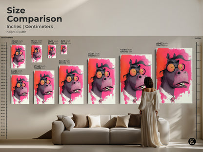 Size comparison showcasing cartoon horse with glasses art in a living room setting. This print features fuchsia and orange wall art. Available in various sizes ideal for eclectic home decor.