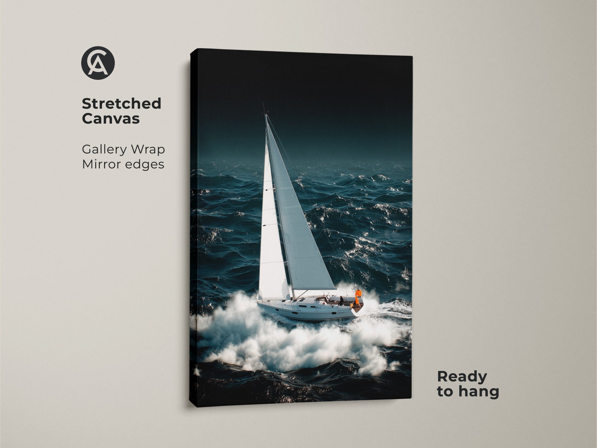 Stretched canvas gallery wrap features a sailboat art print. Mirror edges reflect nautical ocean waves. Ready to hang this deep teal and white sailing theme provides coastal charm. It is a gift for boat enthusiasts.