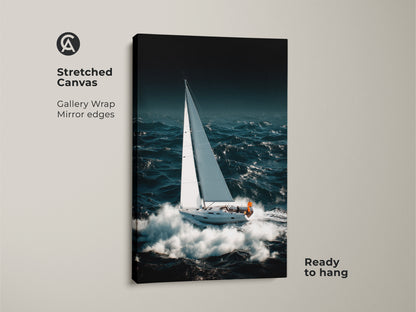 Stretched canvas gallery wrap features a sailboat art print. Mirror edges reflect nautical ocean waves. Ready to hang this deep teal and white sailing theme provides coastal charm. It is a gift for boat enthusiasts.